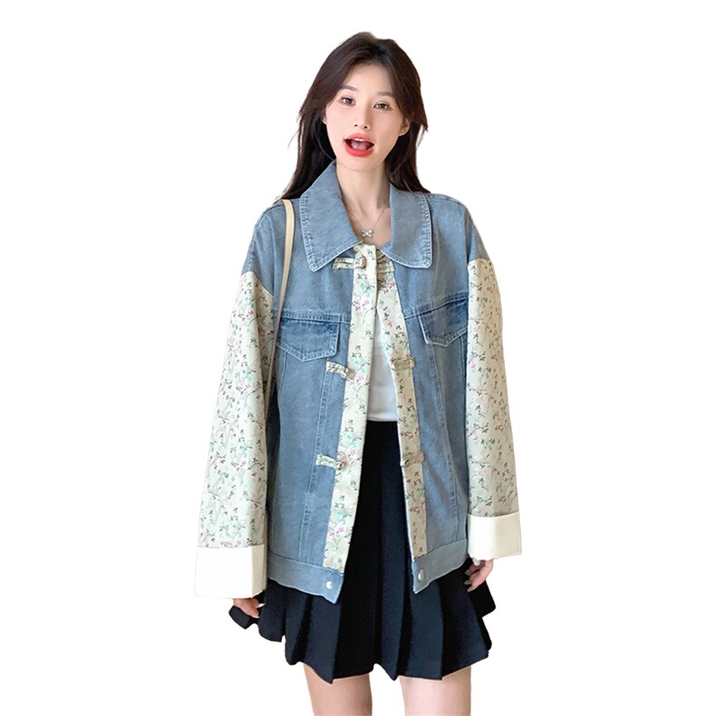 新中式风复古盘扣牛仔外套女春秋2025新款缎面拼接别致独特上衣,女装短外套,2C177