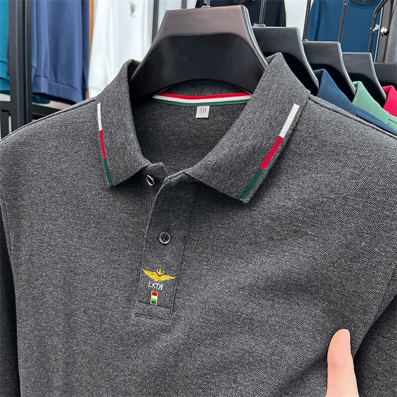 春秋季男士纯棉长袖t恤polo衫中年商务休闲翻领纯色宽松体恤上衣，男装T恤，电商B212（原钱塘6029）