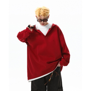 8XL-M叠穿假两件卫衣重磅连帽V领拼接套头衫宽松大码外套WY006P65图片