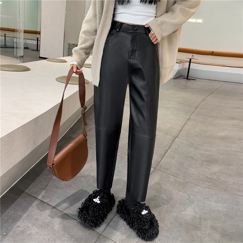 黑色PU皮裤女2024秋冬新款高腰九分气质靴裤休闲裤显瘦百搭直筒裤,女装休闲裤,梦白服饰厂