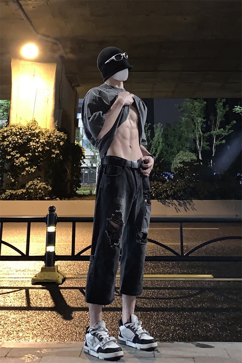 B221美式ins高街设计感拉链直筒七分牛仔裤LK23071-P55控78,男装牛仔裤,电商B221