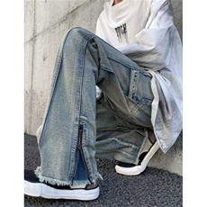 美式高街vibe拉链开叉水洗做旧微喇纯色直筒宽松牛仔裤NA530，男装牛仔裤，星座1116A（原606A-3）