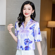 v领真丝衬衫女短袖夏季2025新款宽松大码印花桑蚕丝上衣中年妈妈，女装衬衫，阿舍尔精品