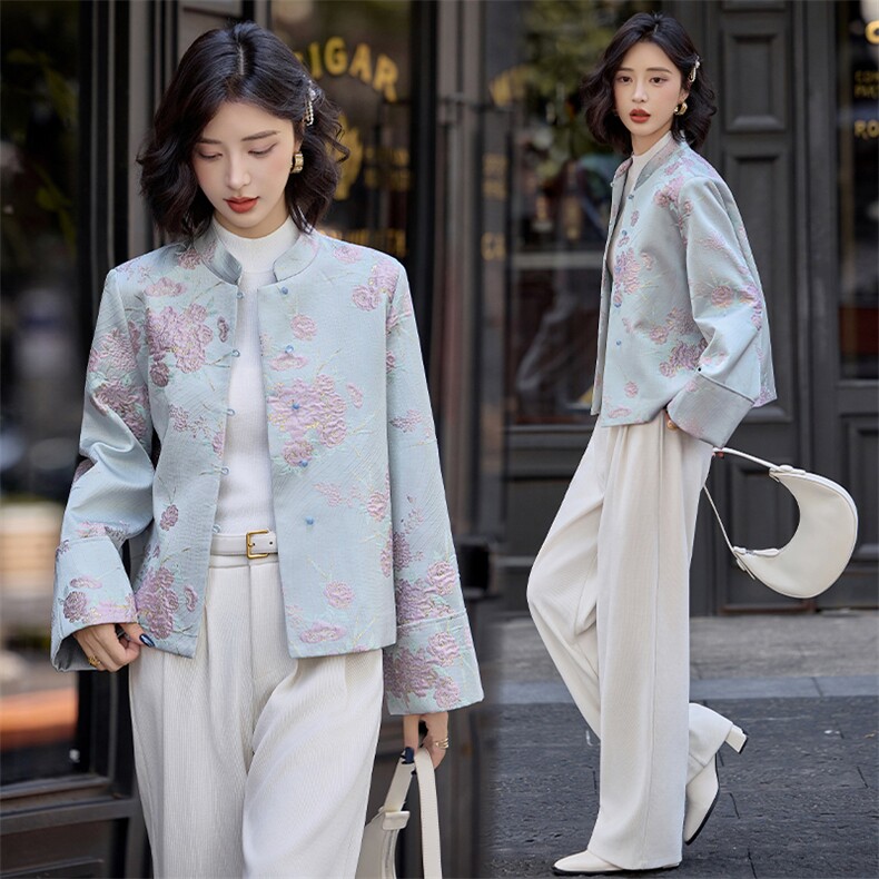 蓝色温柔撞色刺绣提花短外套女春秋新款中式风漂亮上衣，女装短外套，水衣源