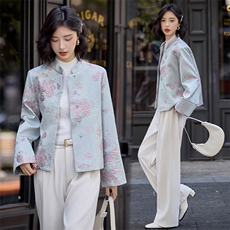 蓝色温柔撞色刺绣提花短外套女春秋新款中式风漂亮上衣，女装短外套，水衣源