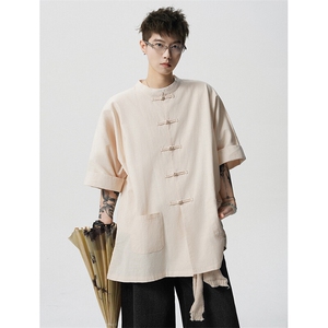 8XL-M 新中式衬衫男中山装麻棉风复古中袖衬衣唐装CS527P60图片