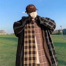 美式复古设计感拼接格子衬衫男宽松不规则撞色衬衣外套W3561-P45，男装衬衫，星座512-2