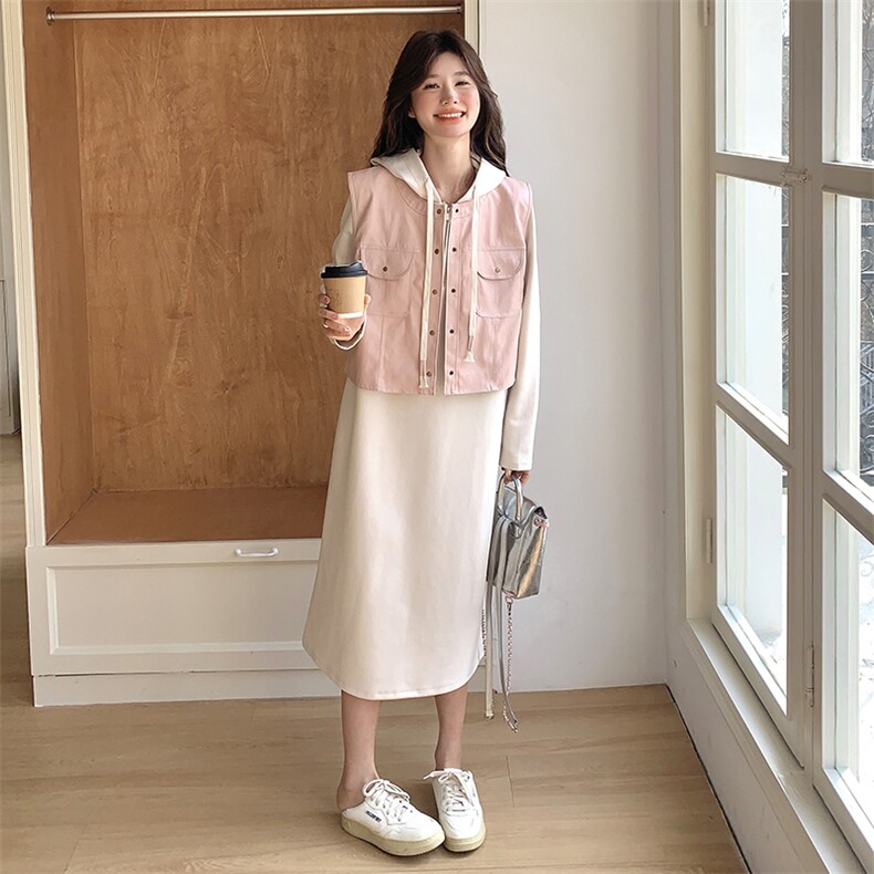 休闲连帽卫衣裙两件套女2025春秋季新款韩系小众马甲连衣裙两件套,女装套装/套裙,帛锦泉
