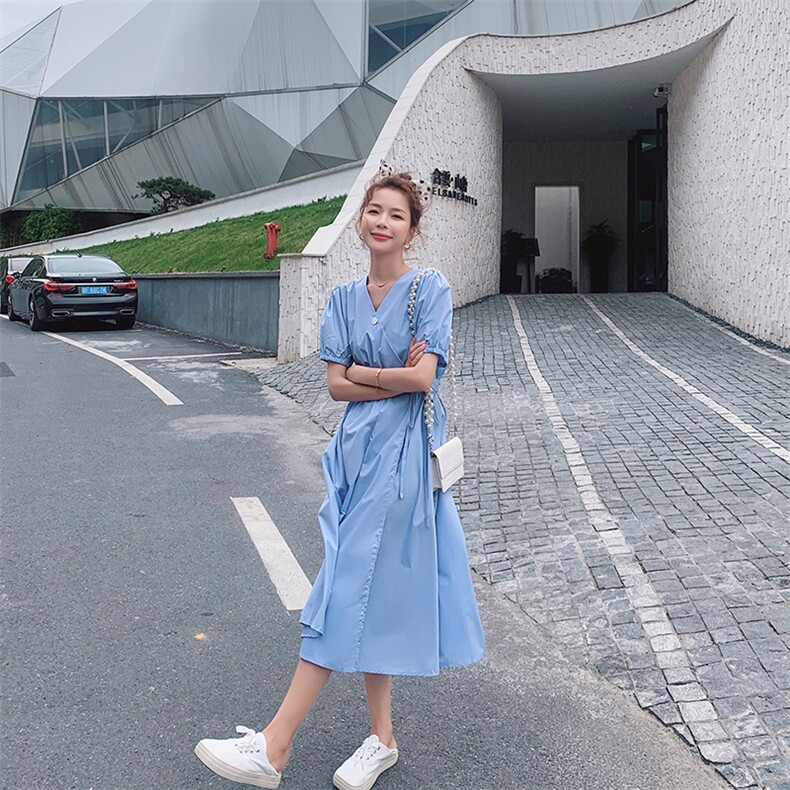 档口现货，助力618法式连衣裙襟系带过膝长裙895-p85k138,女装连衣裙,Mushroom