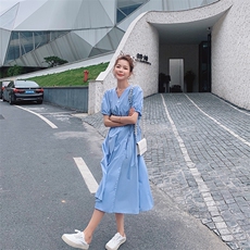 档口现货，助力618法式连衣裙襟系带过膝长裙895-p85k138，女装连衣裙，Mushroom