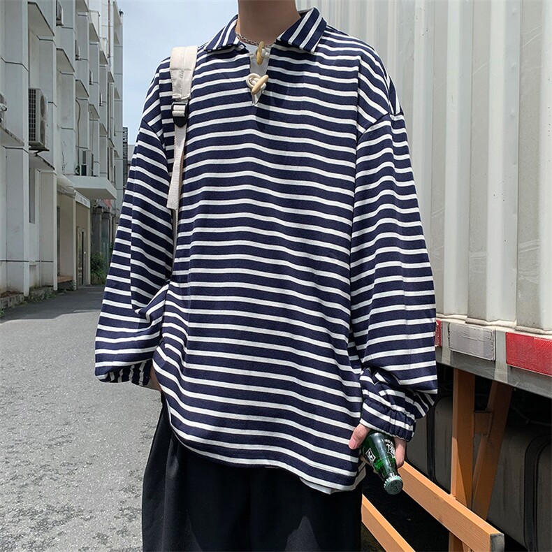 2021日系潮流复古牛角扣卫衣休闲宽松条纹长袖POLO衫W1841-P33,男装卫衣,星座512-2