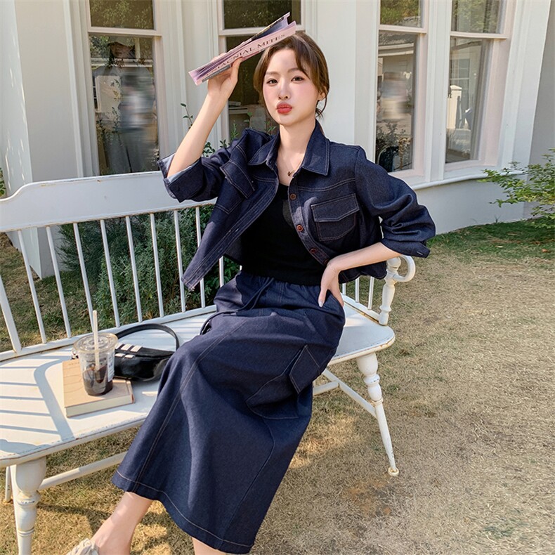深蓝色时尚牛仔套装裙女2025春季新款学院风减龄衬衫半身裙三件套,女装套装/套裙,2D078