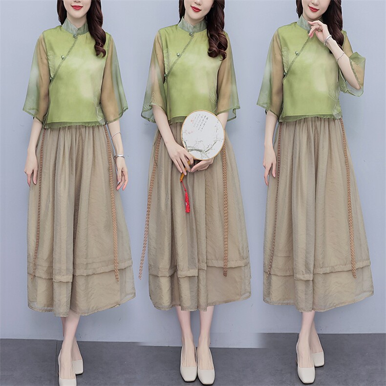 芷墨超仙小洋装新中式俩件套套装茶服改良汉服上衣半身裙俩件套女,女装套装/套裙,芷墨服饰