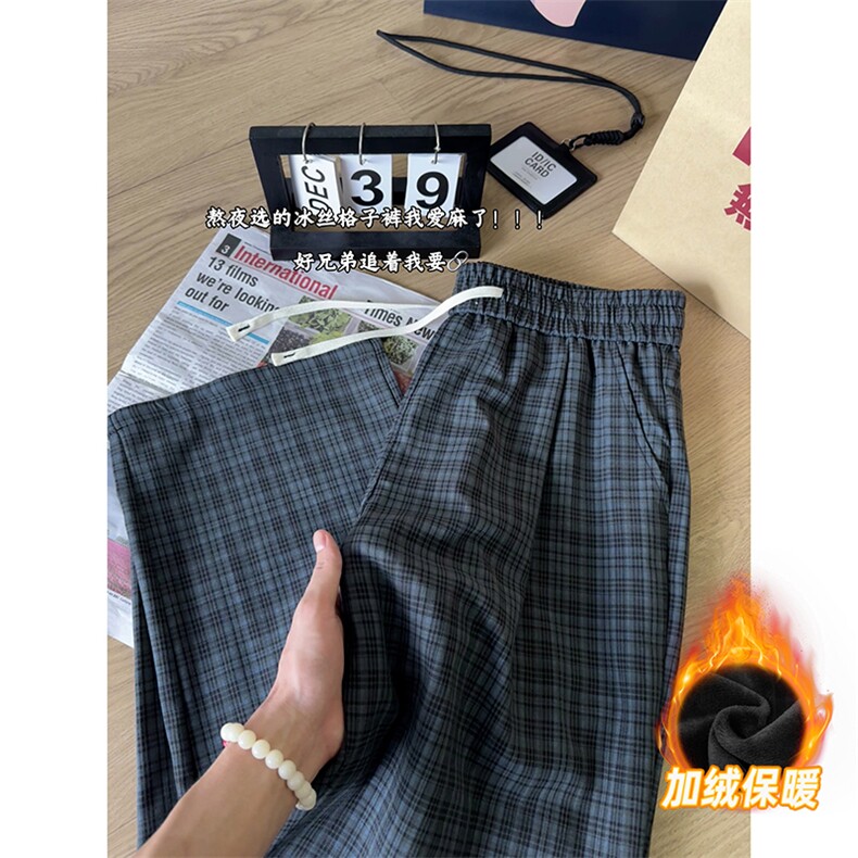 XK468-2JR-P38加绒秋冬灰色格子裤男松弛感美式休闲阔腿直筒裤,男装卫衣,电商A178