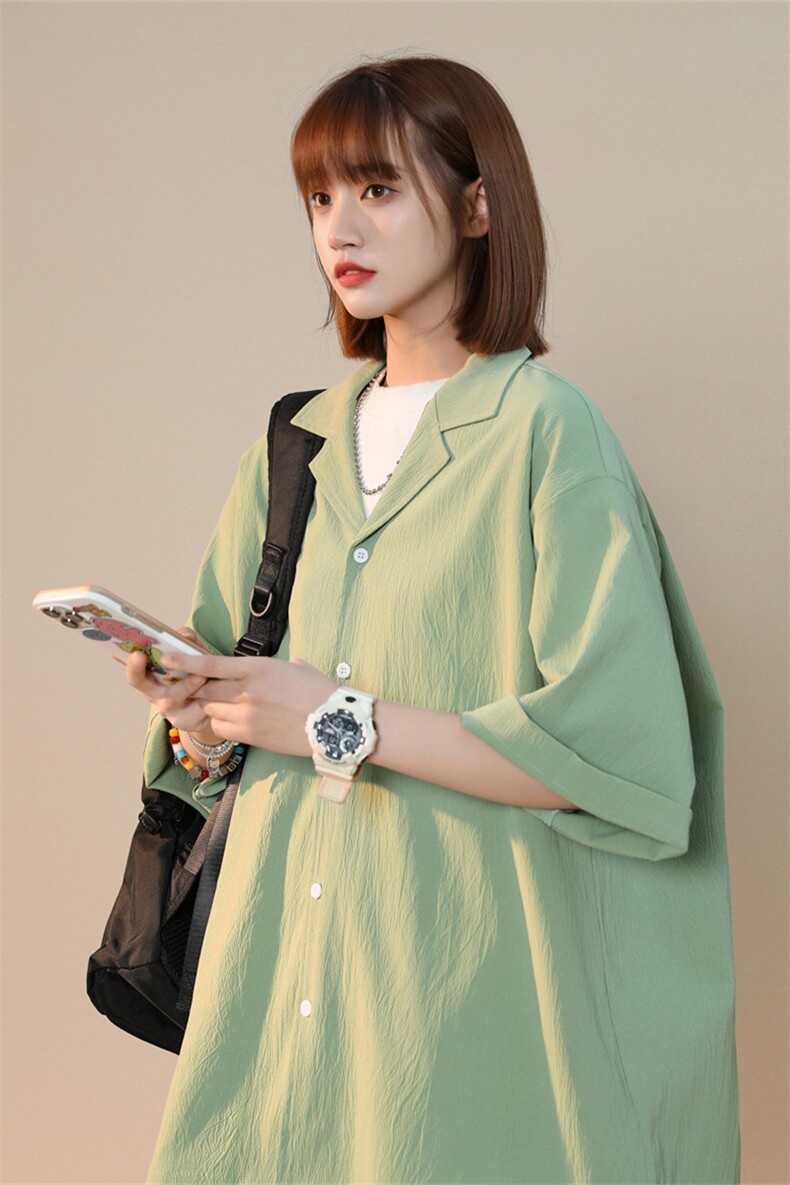 C6026/P35夏款2023新款中性风短袖衬衣男女大码开衩弹力衬衫控58,女装衬衫,电商A141