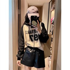 小个子撞色连帽字母卫衣2022秋季新款韩版时尚宽松运动数字上衣女，女装卫衣/绒衫，辉之琳