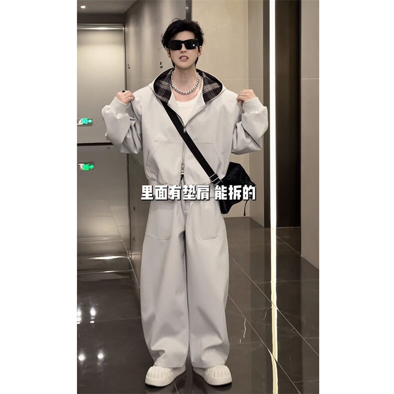 2026春季休闲连帽宽松夹克弯刀长裤套装W368-P128K368-P78(网图，男装夹克，电商B267