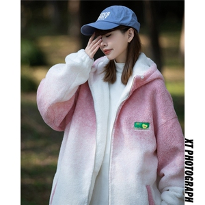 渐变色羊羔毛棉服女2023高级感超好看外套奶呼呼连帽棉衣Y23P135