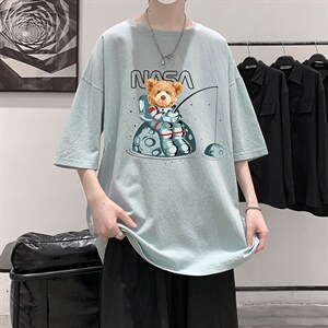 YT26251-P30 NASA亚短袖t恤男大码五分袖男宽松七分袖 港风模特图片