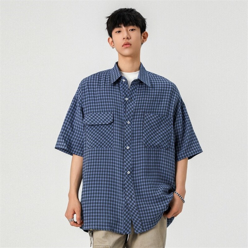夏季新原创美式休闲宽松潮流格子短袖衬衫男款A406C5325特P43,男装衬衫,星座309（原A406）