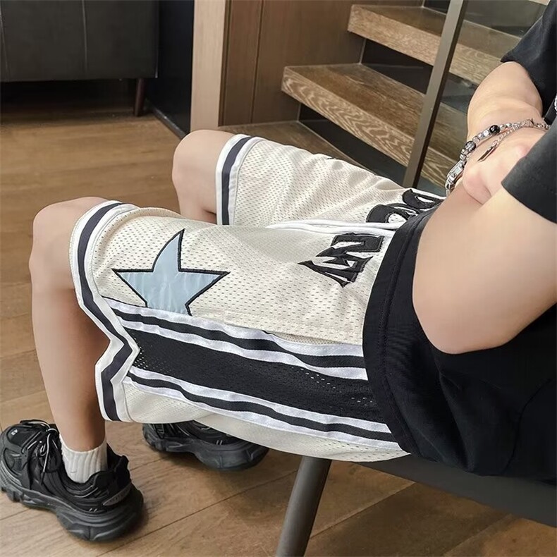 美式高街字母星星刺绣篮球短裤男夏季潮牌宽松网眼透气运动五分裤,男装牛仔裤,星座1013