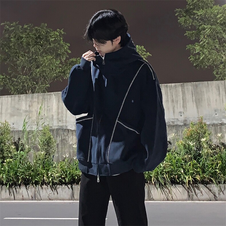 抖音得物高品质秋冬美式高街重磅结构辑明线纹理连帽卫衣外套W111,女装短外套,电商A486-1