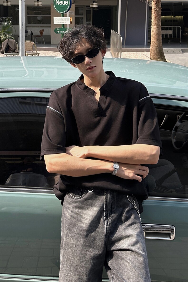 美式机车V领短袖T恤设计感T恤肩部拉链时尚设计短袖T恤半袖P48,男装T恤,电商B319