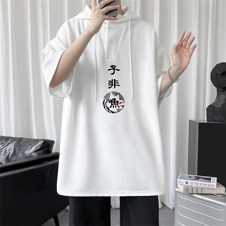 LD54070-P45连帽短袖t恤男大码胖子带帽五分袖中袖,男装T恤,电商A040