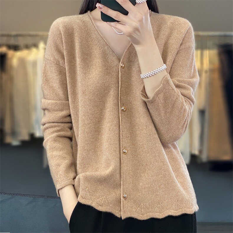 100%纯羊毛开衫女V领秋冬季花边针织外套毛衣宽松纯色羊绒衫外搭,女装羊毛衫,绒汀羊绒