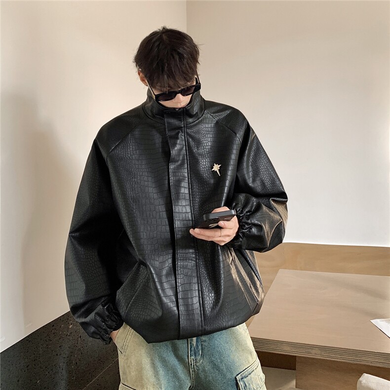 港风鳄鱼纹可拆卸胸针后片四芒星钢印印花夹克男JK77750P85控118，男装夹克，星座227-7