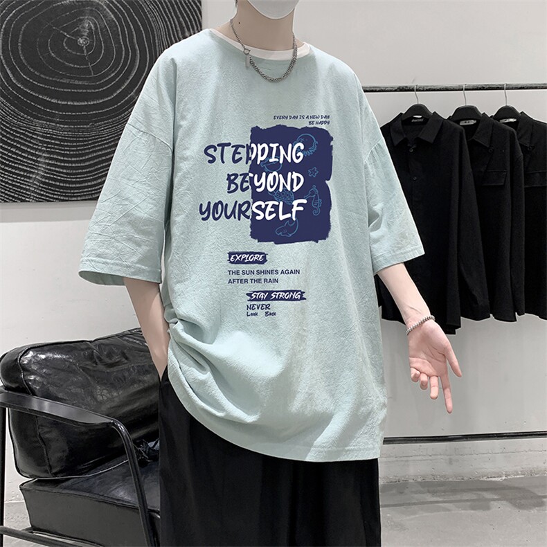 YT26345-P30亚麻短袖t恤男大码五分袖男宽松七分袖大皂风模特,男装T恤,电商A040