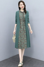 2021年秋季新款棉麻连衣裙两件套装长棉麻外套加棉麻印花连衣裙，女装连衣裙，欣贝拉