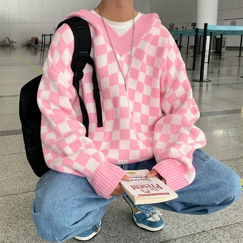 2022港风文艺撞色毛衣男春秋宽松潮流格子针织衫复古百搭上衣,男装针织衫/毛衣,星座716-4