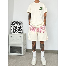 美式高街hiphop短裤男款夏季潮牌涂鸦篮球运动裤大码痞帅五分裤子，男装牛仔裤，星座417-3