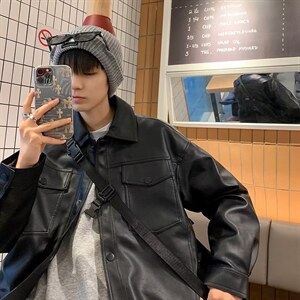 男秋季外套潮牌街头机车黑色皮衣A109P60