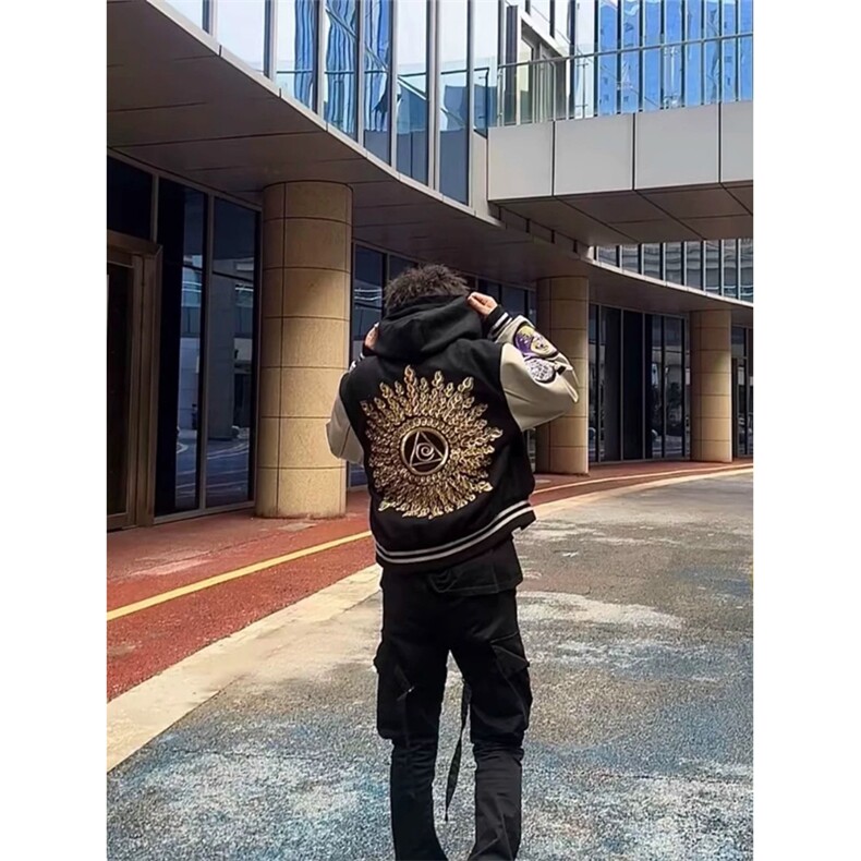 网图有货美式高街刺绣太阳之眼黑色棒球服夹克外套男A439-P68,男装夹克,星座1505
