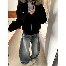 现货重磅boxy短款棉衣座山雕大毛毛领男女棉服水洗工装厚外套，男装棉衣，电商A486-1