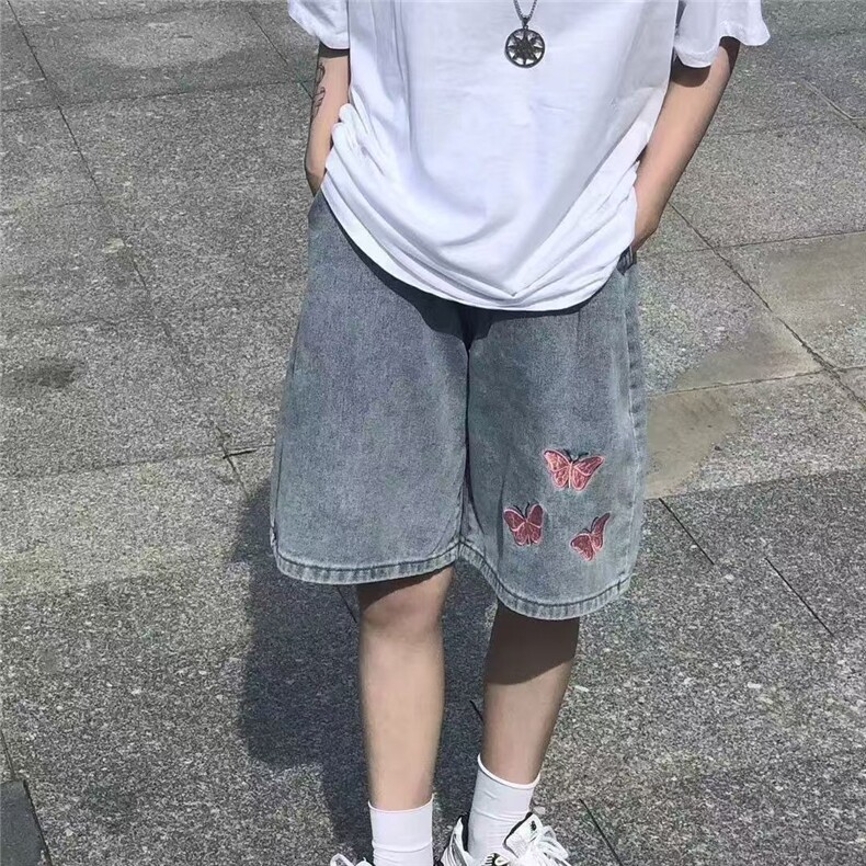 复古蝴蝶刺绣直筒牛仔短裤女夏季ins港风宽松韩版阔腿五分裤男女,男装牛仔裤,星座1210-1