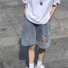 复古蝴蝶刺绣直筒牛仔短裤女夏季ins港风宽松韩版阔腿五分裤男女，男装牛仔裤，星座1210-1