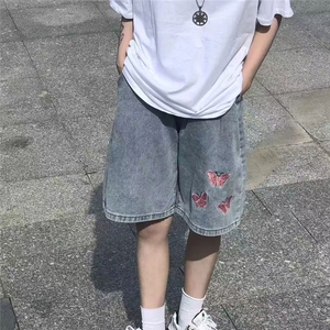 复古蝴蝶刺绣直筒牛仔短裤女夏季ins港风宽松韩版阔腿五分裤男女图片