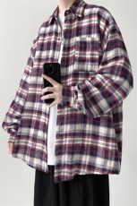 现货港风宽松男生格子长袖衬衫KD611-P4568，男装衬衫，电商D312-1