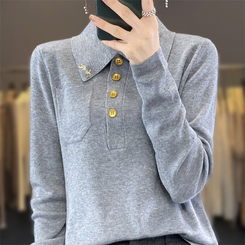 新款POLO领长袖针织打底衫女式宽松大气胸针内搭羊毛外套女,针织衫/毛衣,雪真羊绒
