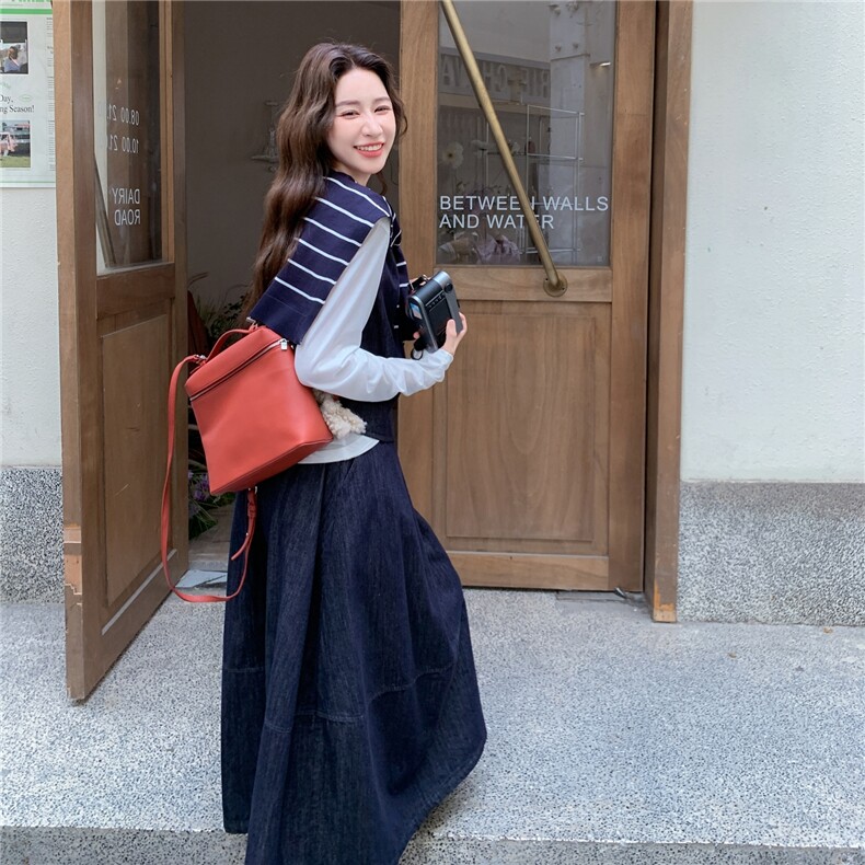 蓝色条纹披肩牛仔马甲半身裙套装三件套女2025早春秋韩里韩气穿搭,女装套装/套裙,2C307