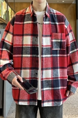 春季小香风衬衫翻领男大皂大码宽松痞帅外套格子衬衣A012/856Tp35，男装衬衫，电商A012