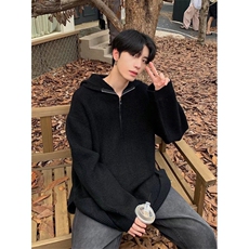 秋季潮套头休闲常规水洗慵懒风百搭纯色拉链宽松连帽毛衣长袖带帽，男装针织衫/毛衣，星座506