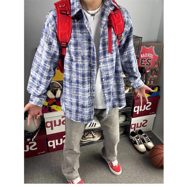 扎染格子加绒衬衫男痞帅秋冬季叠穿内搭外套加绒加厚格纹长袖衬衣,男装衬衫,星座506A