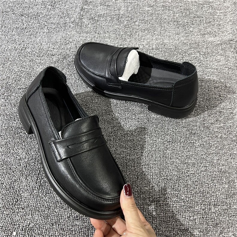 软皮一脚蹬乐福鞋女2024新款秋平底英伦风小皮鞋黑色复古,女鞋单鞋,黄金折扣鞋