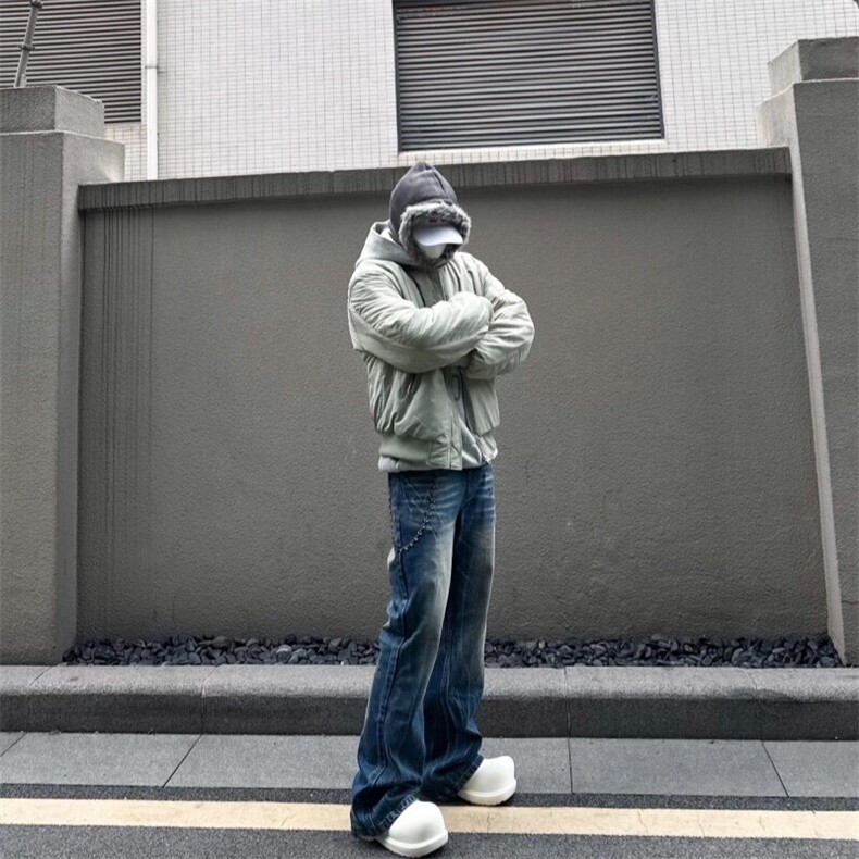 （现货）自制款bomber豆绿色大拉链口袋男女棉服立领棉衣,男装棉衣,星座807