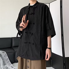 夏季新中式复古唐装衬衣男女生宽松盘扣短袖风衬衣潮CT666-p45，男装衬衫，星座1008