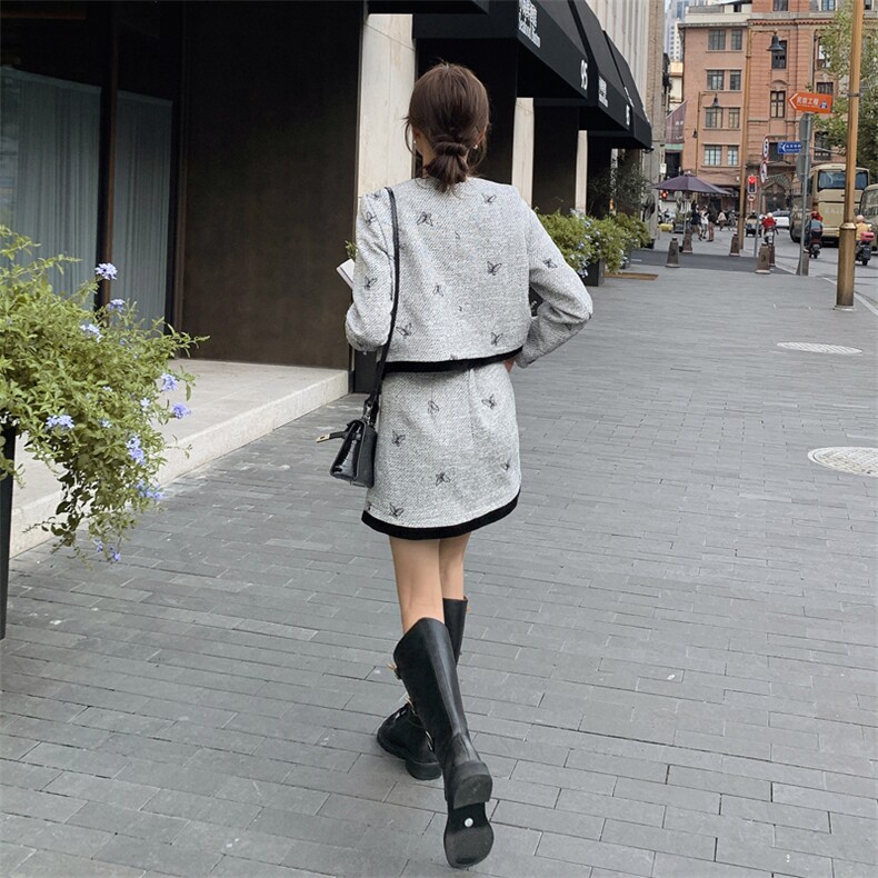 现货！刺绣小香风时尚套装女2024秋季新款女装两件套半身裙套裙子,女装套装/套裙,慧尚依恋